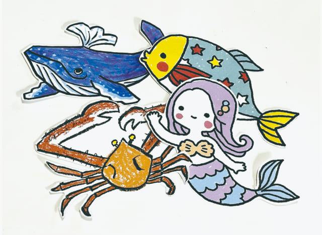 色をぬった海の生きものの作品